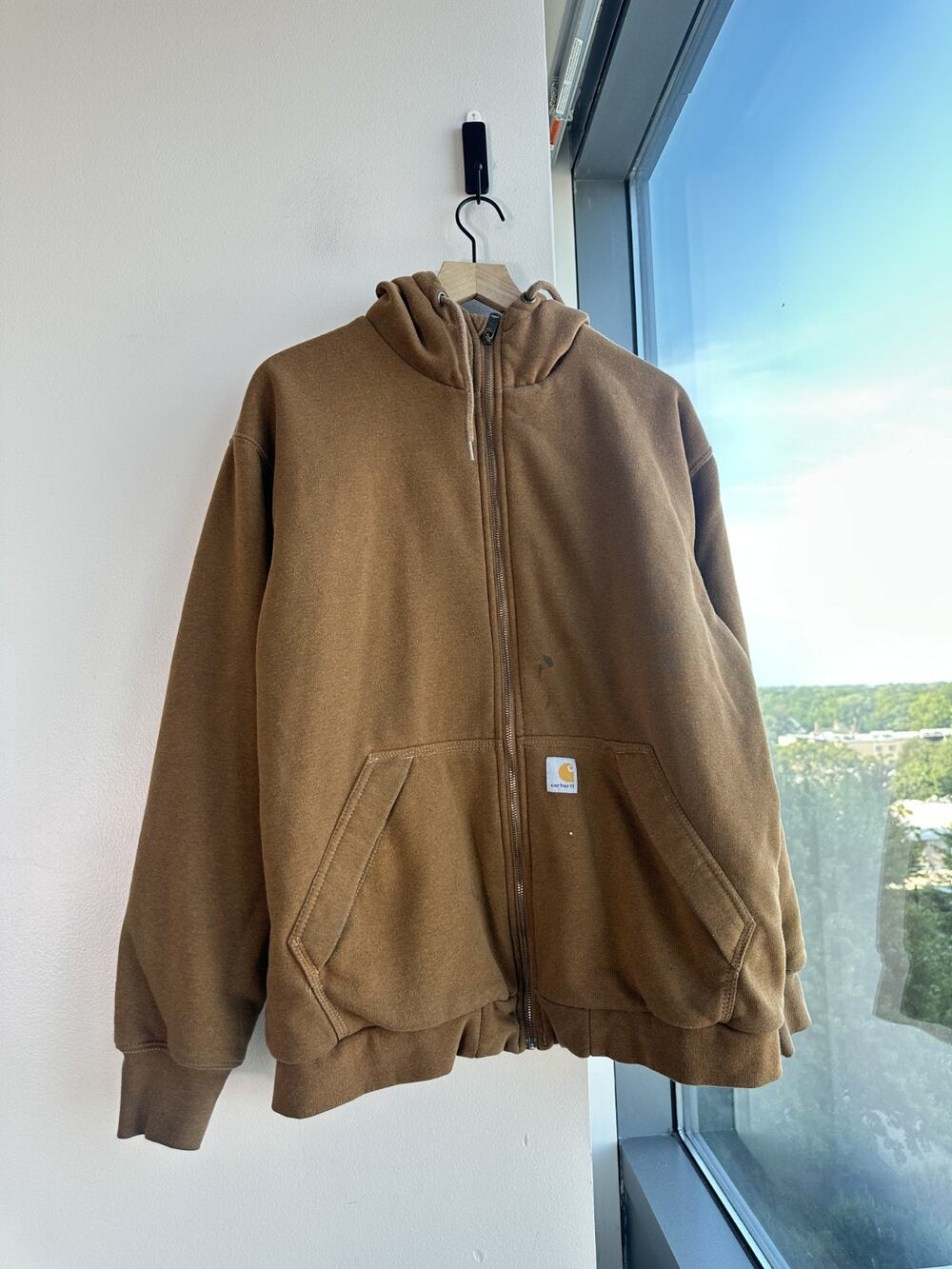 Carhartt Distressed Rain Defender Full-Zip Hoodie Men's Brown Thermal Lined Sz L